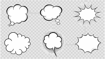 Vector illustration of six comic style speech bubbles and bursts on a transparent checkered background design