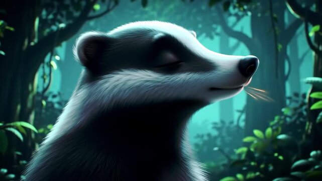 Whimsical badger peacefully resting in an enchanted forest bathed in ethereal moonlight, evoking a sense of calm wonder.