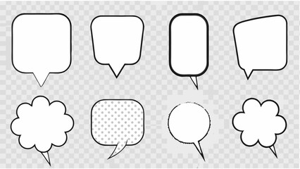 Obraz premium Vector collection of eight white speech bubbles with black outlines on a transparent checkered background design element