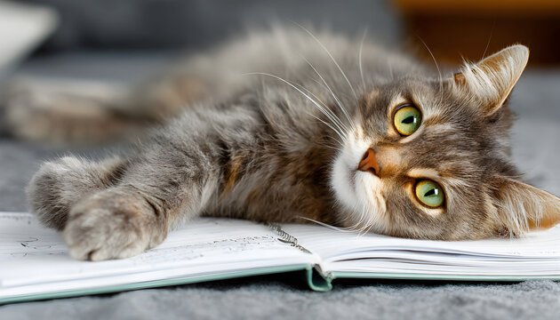 Gray cat lying on open notebook with green eyes indoors   - Powered by Adobe