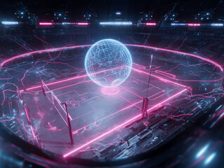 Futuristic holographic volleyball projection in sci-fi arena—glowing lines and energy effects