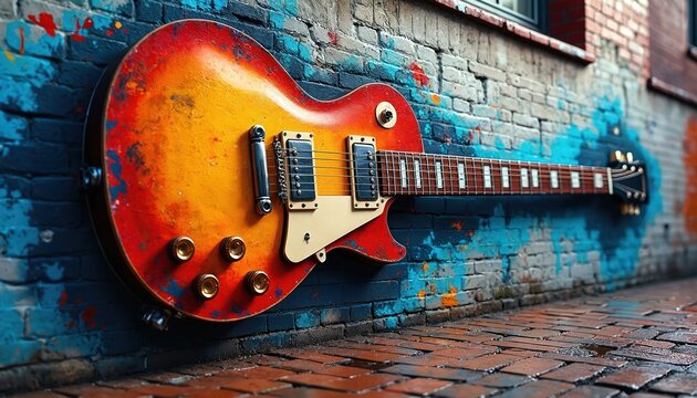Iconic electric guitar mural adorns weathered brick wall, featuring vibrant splashes of orange, yellow, red, blue graffiti. Urban street art style artistic expression with weathered instrument,
