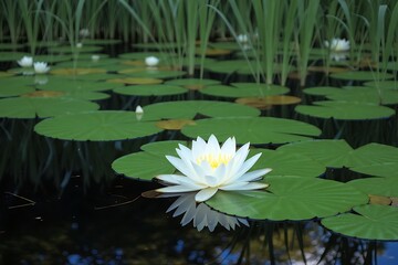 A single white water lily blooms on a dark pond surrounded by lily pads and tall green reeds
