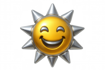 Gleaming golden sun emoticon with metallic spikes, radiating laughter in digital 3d rendering