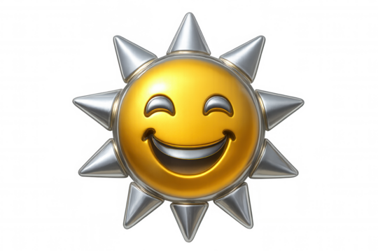 Gleaming golden sun emoticon with metallic spikes, radiating laughter in digital 3d rendering