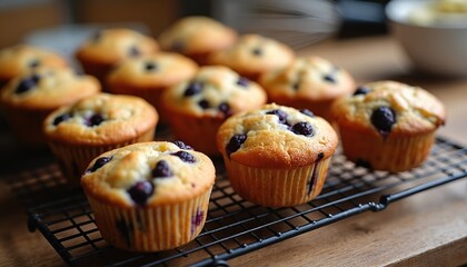 Golden-brown blueberry muffins cooling on wire rack. Delicious baked goods feature moist textures, fresh berries. Perfect for breakfast, snack, dessert, offer homemade taste for cafes, home kitchens.