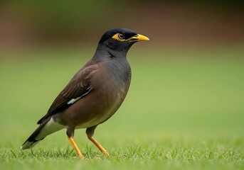 Fototapeta premium Common myna bird standing on green grass with blurred background
