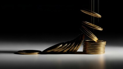 A leaning stack of gold coins about to fall, symbolizing financial instability, risk, and fragile wealth, photographed with dramatic lighting and a dark, minimalist background.