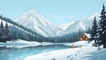 Peaceful Snowy Mountain Landscape with Cozy Winter Cabin Vector Illustration