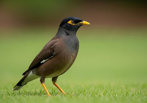 Common myna bird standing on green grass with blurred background