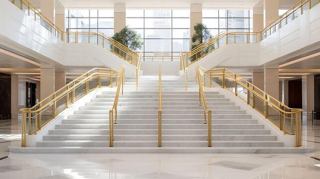 Grand staircase with polished white marble steps, brushed gold handrails, modern pendant lighting, and a backdrop of floor-to-ceiling windows overlooking the mall atrium, full frame, - Powered by Adobe