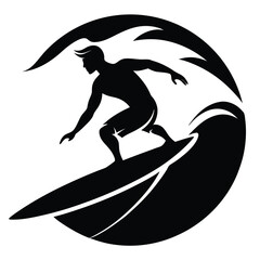 Silhouette of a Skilled Surfer Riding a Wave Gracefully on His Surfboard Demonstrating Balance and Control