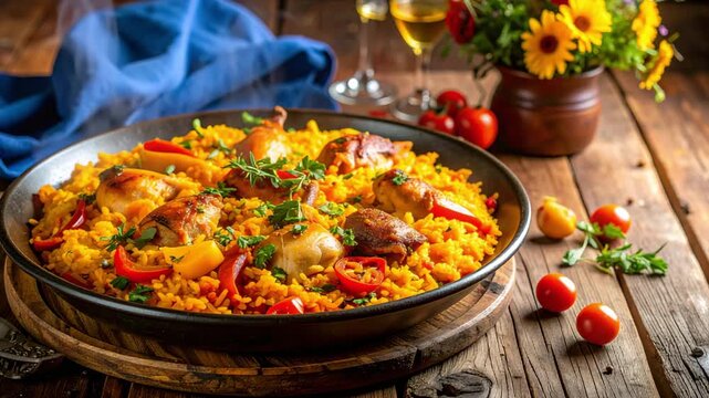 A delicious and beautifully presented paella dish with various ingredients