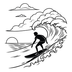 Silhouette of a Skilled Surfer Riding a Wave Gracefully on His Surfboard Demonstrating Balance and Control