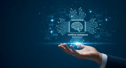 Business hand presenting virtual artificial intelligence brain interface, futuristic technology innovation and digital concept