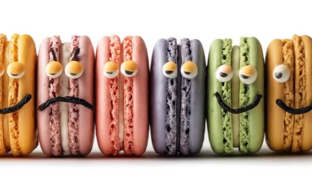 Row of colorful macaroons with funny faces, decorated for Halloween on white background. Dessert for kids on Halloween. Animated background for pastry shops and cafes.