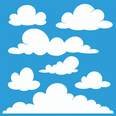 Collection of fluffy white cartoon clouds against a bright blue sky.