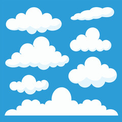 Collection of fluffy white cartoon clouds against a bright blue sky.