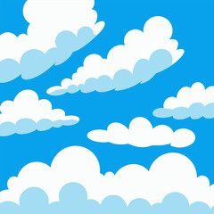 Collection of fluffy white cartoon clouds against a bright blue sky.