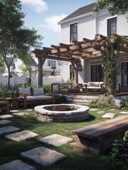 Obraz premium backyard of a suburban farmhouse complete with a wooden pergola a stone fire pit and comfortable outdoor seating
