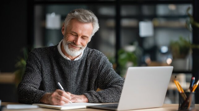 happy mature executive ceo manager using laptop writing notes in notebook at workplace smiling middle aged business man working in office analyzing financial data doing research no logos no brands ar