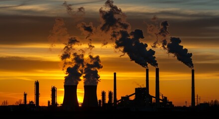 Silhouette of Industrial Complex with Smoke Plumes Against a Dramatic Sunset Sky