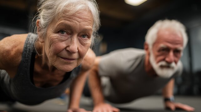 senior couple in gym working out doing push ups no logos no brands ar 169