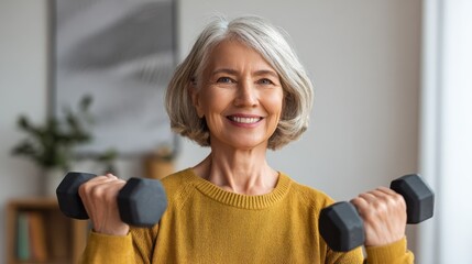 sport fitness and healthy lifestyle concept  smiling senior woman with dumbbells exercising at home no logos no brands ar 169