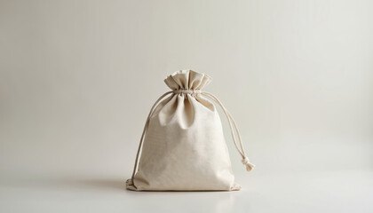 Simple beige fabric drawstring bag, studio shot on light background. This versatile sack is made from soft, possibly organic cotton, ideal for eco-friendly packaging, retail, or storage.