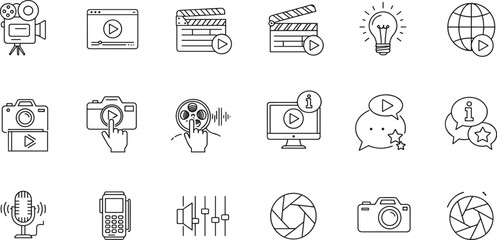 
Media production and video marketing icon set, line style illustrations of film, audio, camera, internet, podcast, communication tools