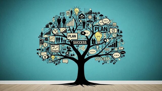 A concept tree with business icons on a blue wall and wood floor in a bright and clean room