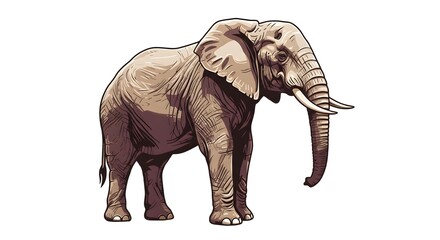 Fototapeta premium A detailed illustration of a majestic African elephant standing in profile, isolated on a clean white background for wildlife concepts.