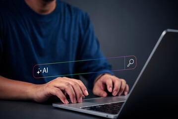 person typing on a laptop AI search bar on the screen, artificial intelligence digital assistant, smart innovation and machine learning. modern technology, data analysis, and software development.