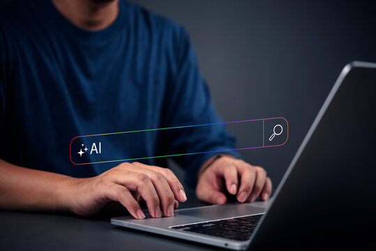 person typing on a laptop AI search bar on the screen, artificial intelligence digital assistant, smart innovation and machine learning. modern technology, data analysis, and software development.