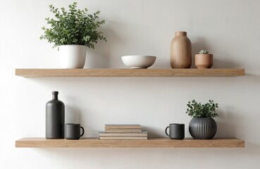 Minimalist interior design features two light wood floating shelves mounted on white wall, offering clean storage, display space. Upper shelf holds potted green plant, white bowl, natural wood vase,