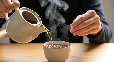 Steaming amber tea poured from a speckled kyusu into a ceramic cup.