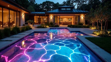 Night view of courtyard and swimming pool