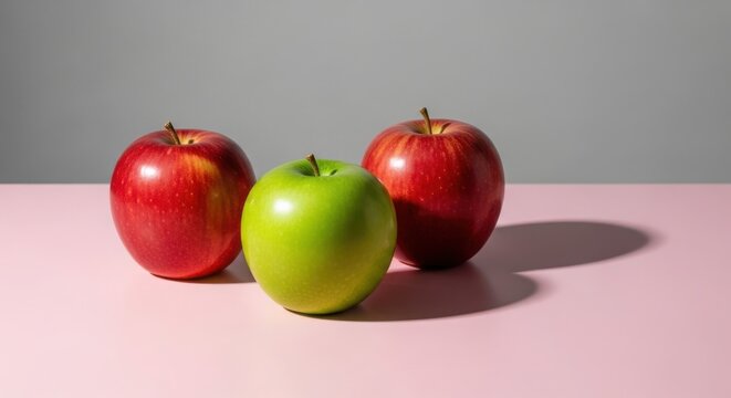 Three ripe apples one green two red on pink surface with grey background red apple green apple