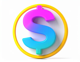 Colorful 3d rendered dollar sign icon enclosed in a yellow circle on white background