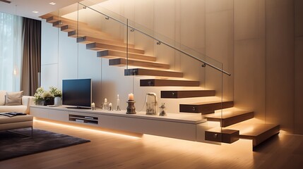 Minimalist staircase with cantilevered wooden steps, frameless glass railings, linear LED wall lights, and a modern lounge area below, full frame,