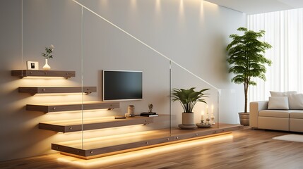 Minimalist staircase with cantilevered wooden steps, frameless glass railings, linear LED wall lights, and a modern lounge area below, full frame,