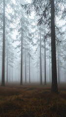 Misty forest with tall pine trees and autumn ground cover