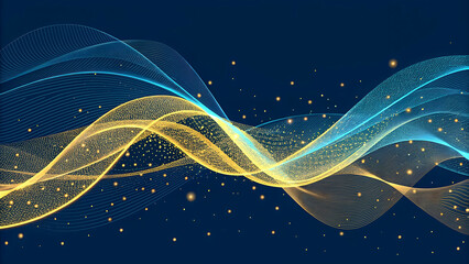 Abstract blue and yellow wave background with glowing particles and dots