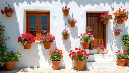Traditional white building facade in Spain adorned with numerous potted plants. Colorful flowers in terracotta pots decorate windows, doors, steps, creating charming Mediterranean ambiance. Natural