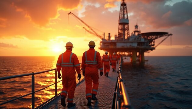 Workers in orange suits walk across walkway towards oil rig at sunset. Ocean reflects dramatic sky creating beautiful backdrop. Scene emphasizes determination, duty, maritime energy industry at dusk.