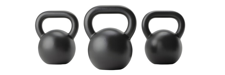 Three Black Kettlebells in a Row on Black Background for Fitness and Strength Training