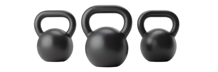 Three Black Kettlebells in a Row on Black Background for Fitness and Strength Training