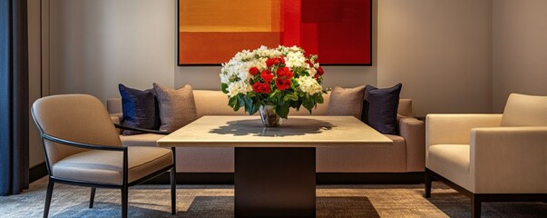 A modern living room interior featuring furniture and floral arrangement