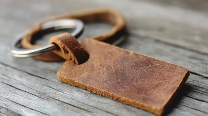 Brown leather keychain with stitched tag on wooden surface for accessory advertisements and rustic themes
