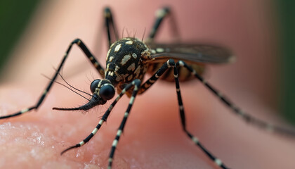 Extreme close-up of mosquito, revealing intricate details of striped legs, patterned body, delicate antennae. Macro photograph captures insect resting on skin, ideal for studies in entomology,